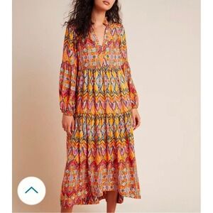 Maeve Anthropologie Maxi Dress Womens XS Orange Multi Ikat Tiered Boho Pockets